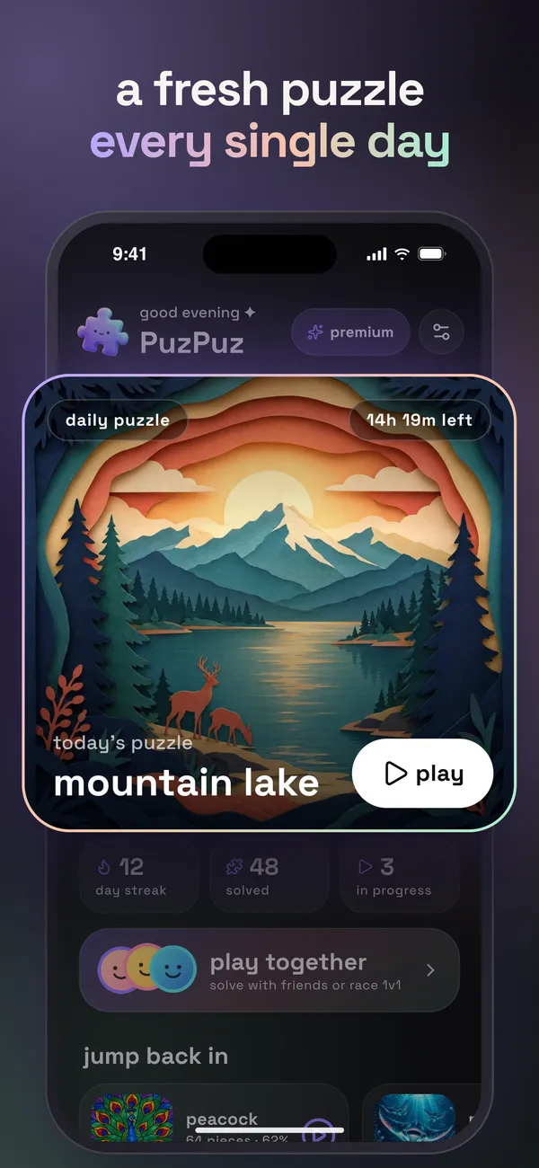 PuzPuz home screen with today’s daily puzzle, mountain lake